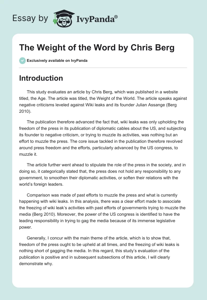"The Weight of the Word" by Chris Berg. Page 1