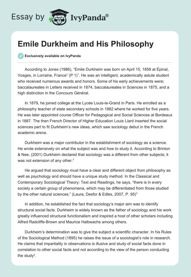 Emile Durkheim and His Philosophy. Page 1
