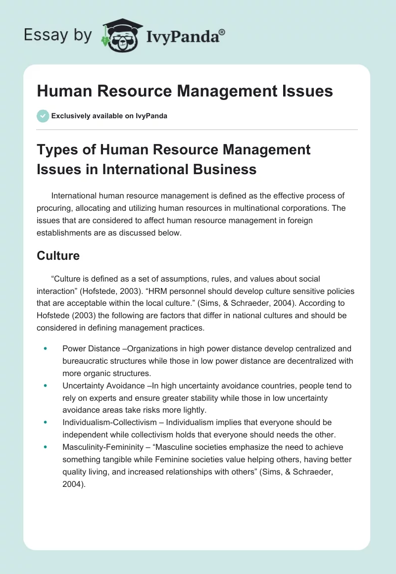 Human Resource Management Issues. Page 1