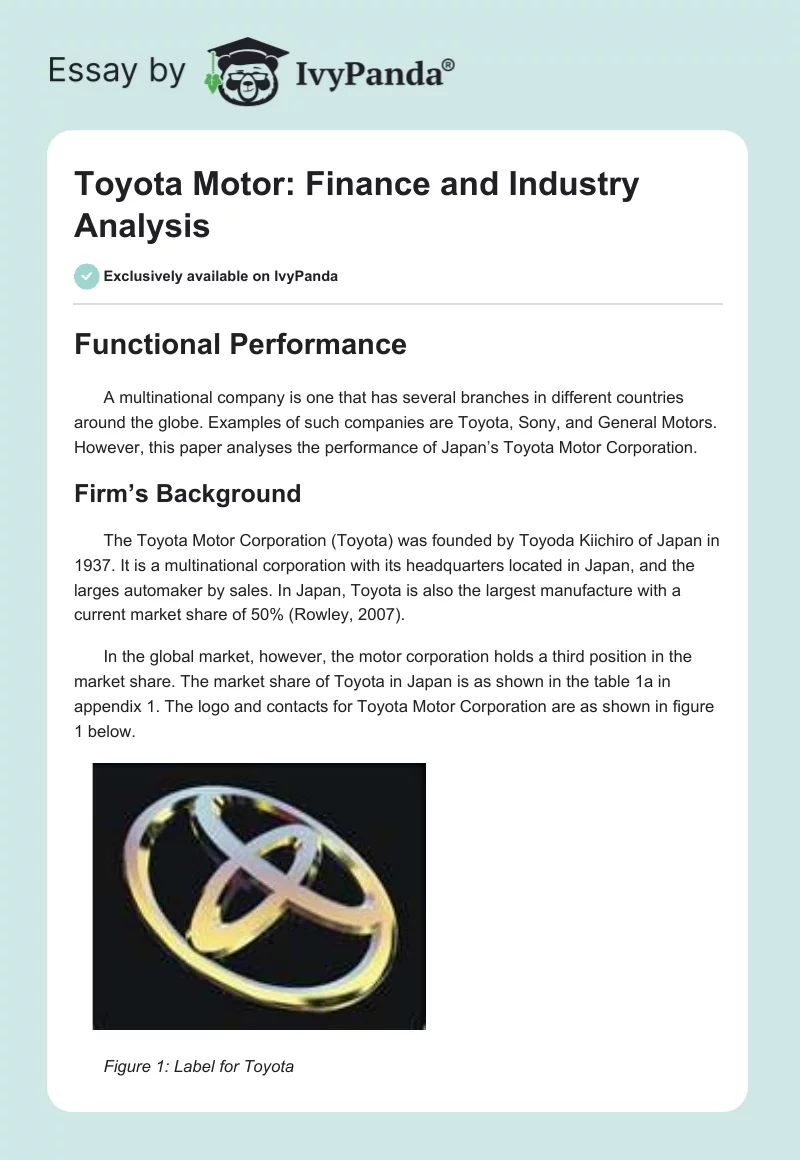Toyota Motor: Finance and Industry Analysis. Page 1