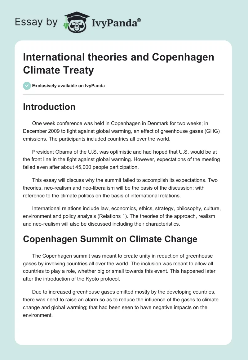 International theories and Copenhagen Climate Treaty. Page 1