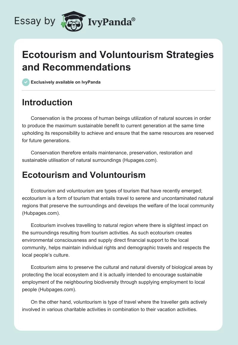 Ecotourism and Voluntourism Strategies and Recommendations. Page 1
