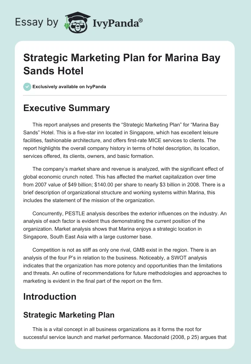 Strategic Marketing Plan for Marina Bay Sands Hotel. Page 1