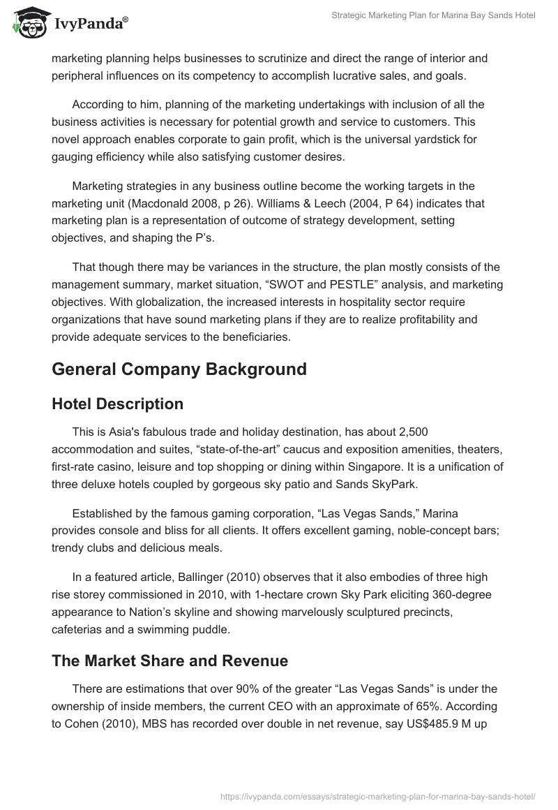 Strategic Marketing Plan for Marina Bay Sands Hotel. Page 2