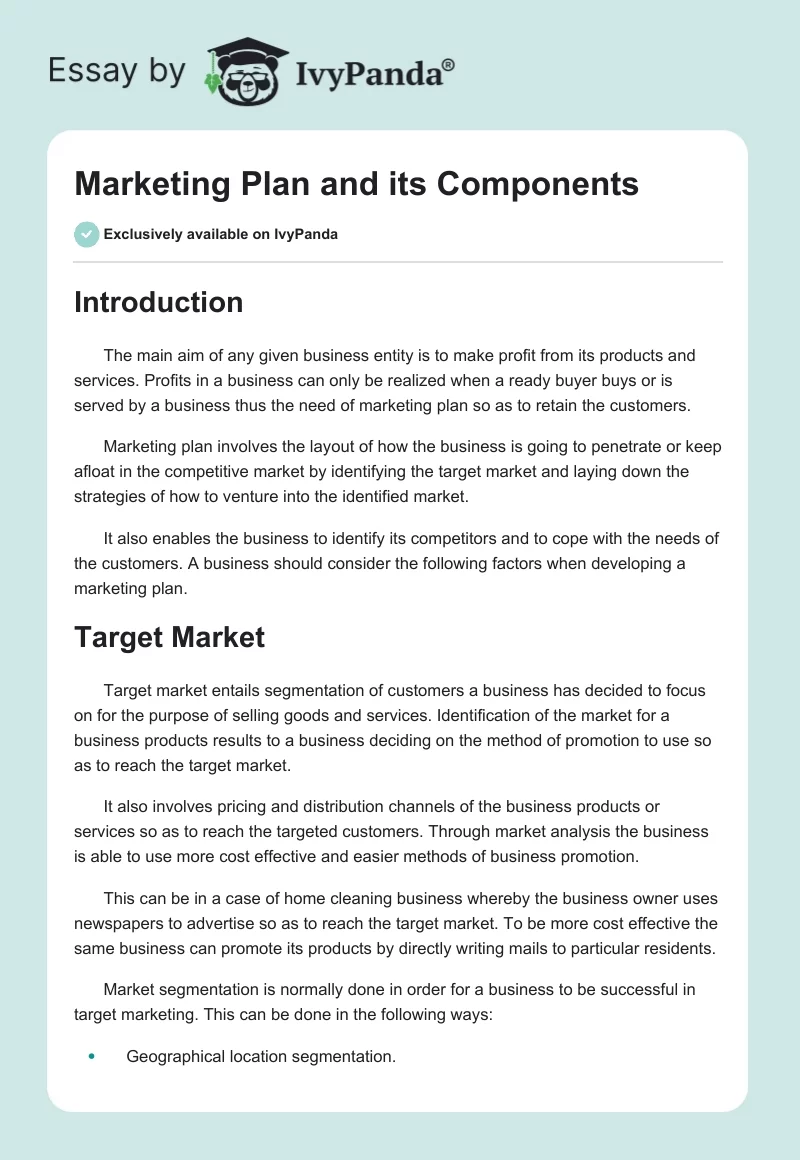 Marketing Plan and its Components - 818 Words