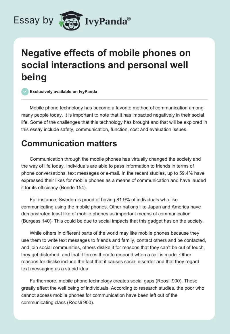 Negative effects of mobile phones on social interactions and personal well being. Page 1