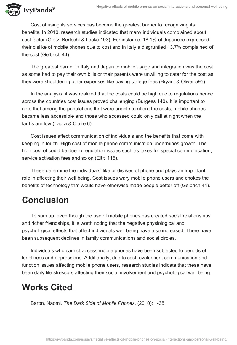 Negative effects of mobile phones on social interactions and personal well being. Page 5