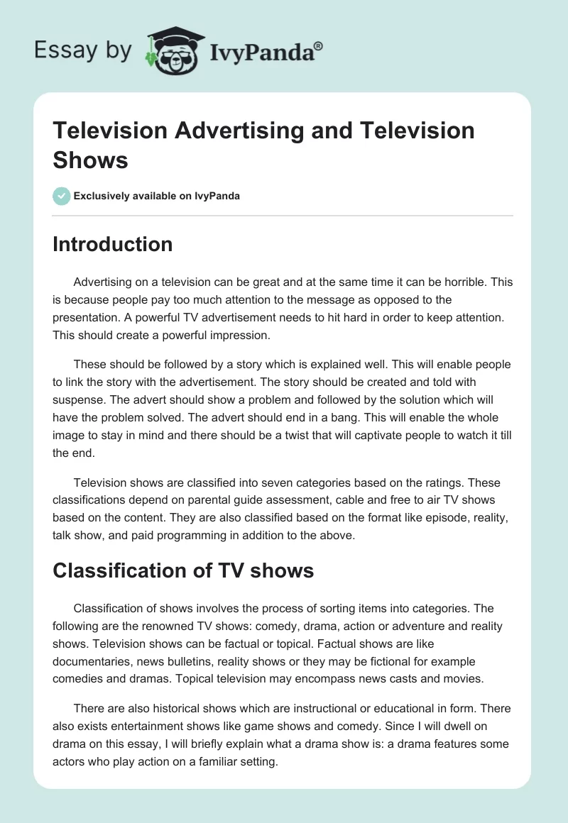 Television Advertising and Television Shows. Page 1