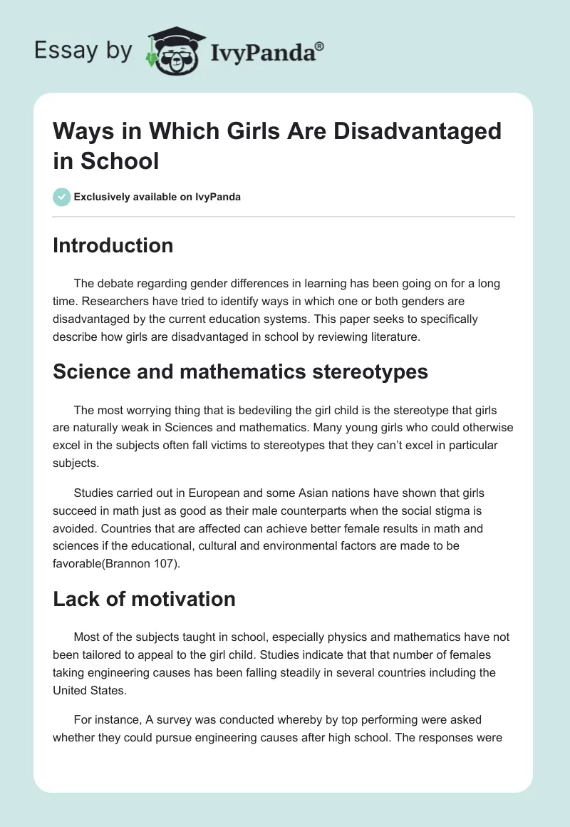 Ways in Which Girls Are Disadvantaged in School. Page 1