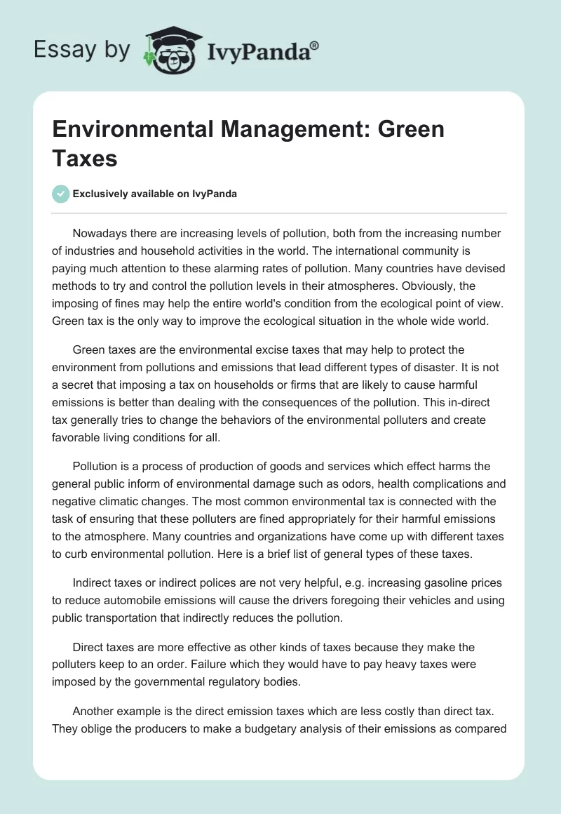 Environmental Management: Green Taxes. Page 1