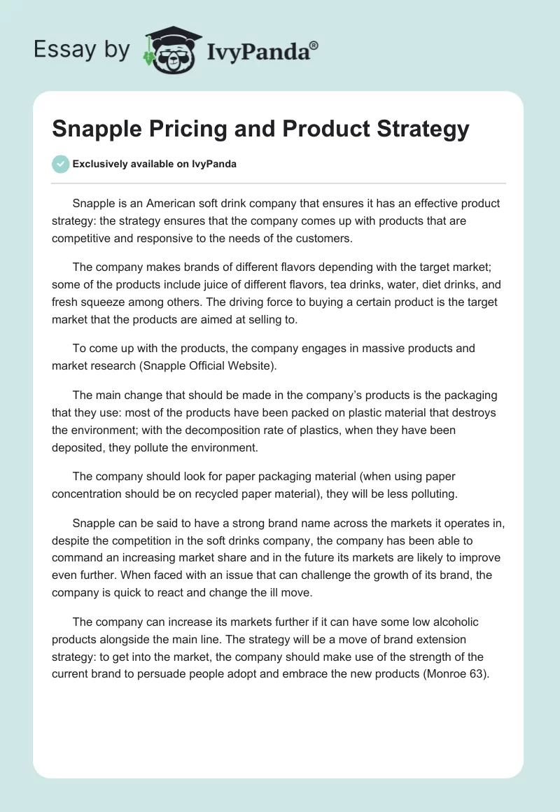 Snapple Pricing and Product Strategy. Page 1