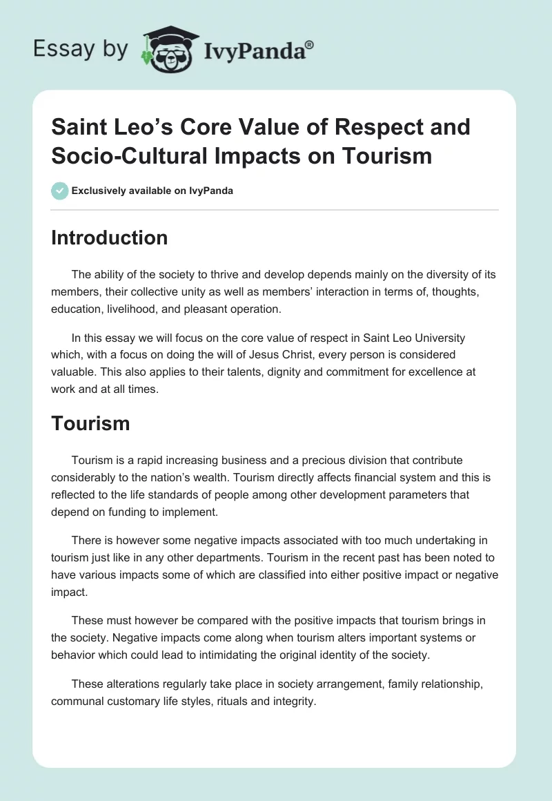 Saint Leo’s Core Value of Respect and Socio-Cultural Impacts on Tourism. Page 1