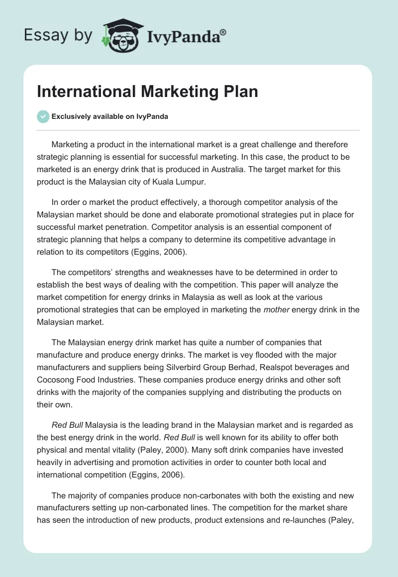 International Marketing Plan. Page 1