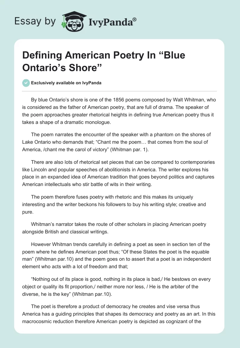 Defining American Poetry In “Blue Ontario’s Shore”. Page 1