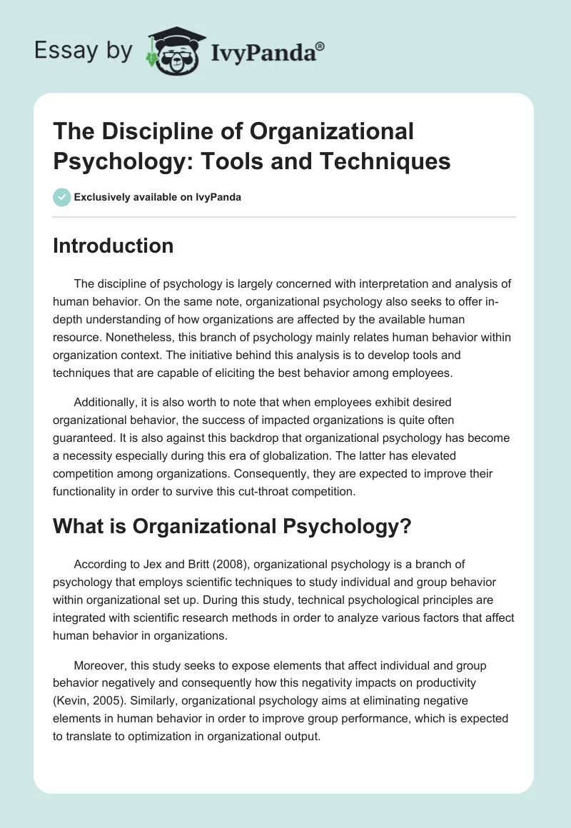 The Discipline of Organizational Psychology: Tools and Techniques. Page 1