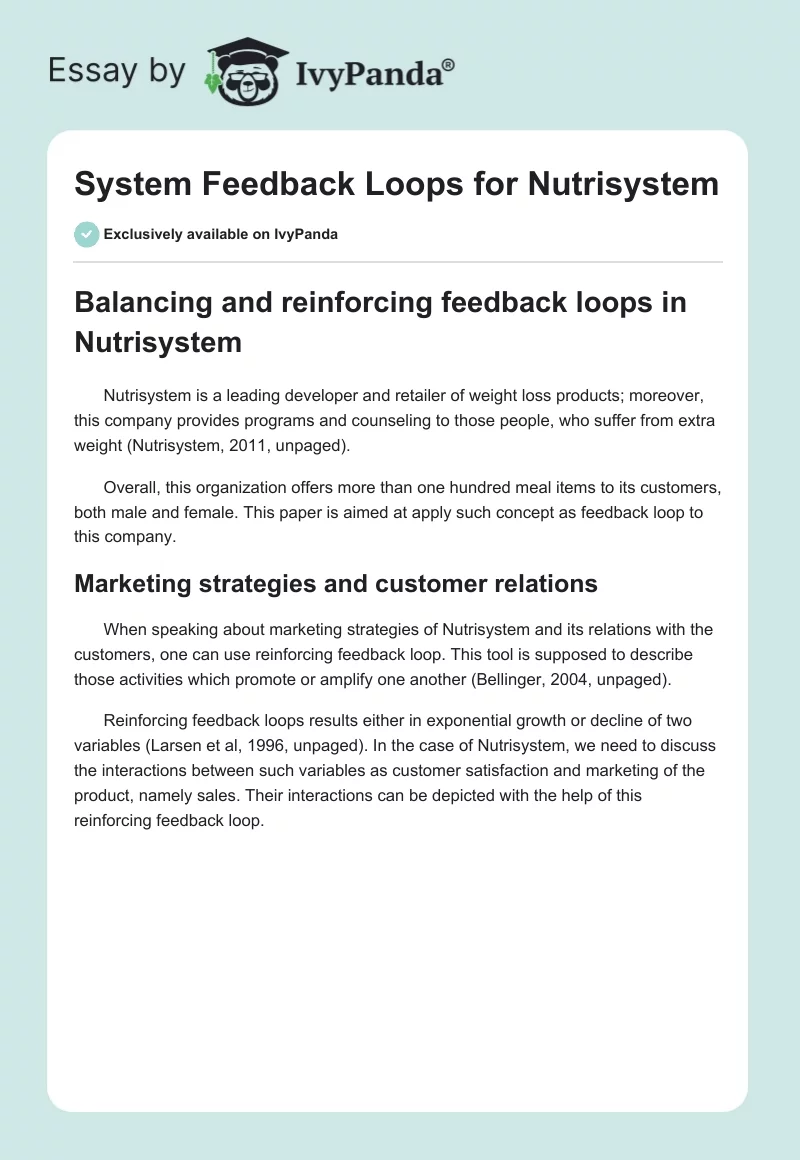 System Feedback Loops for Nutrisystem. Page 1