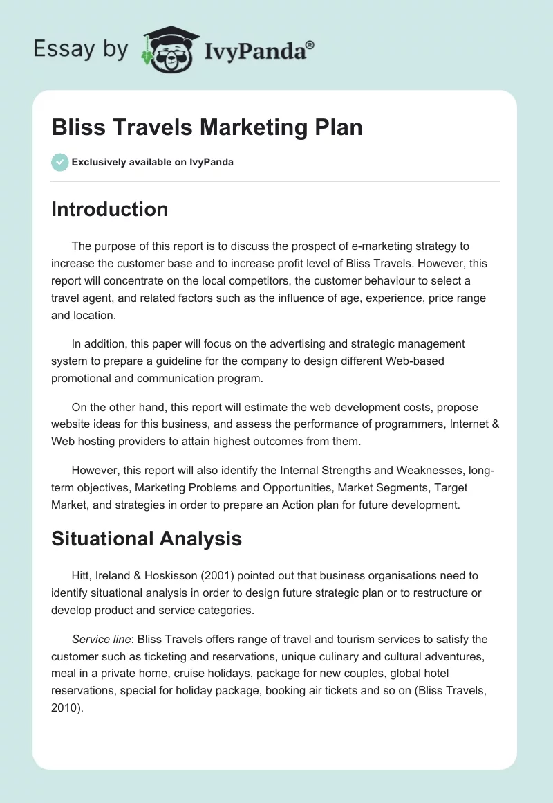 Bliss Travels Marketing Plan. Page 1