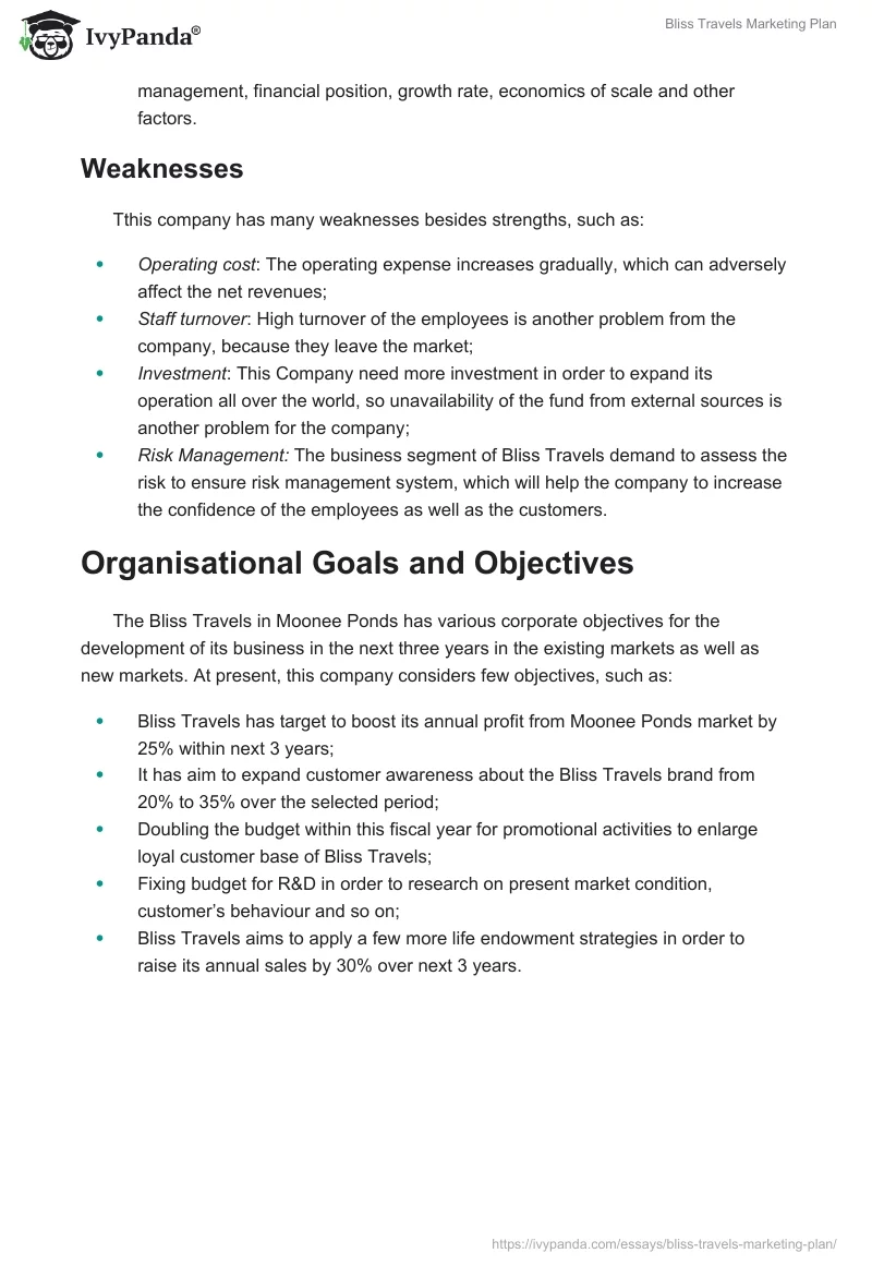 Bliss Travels Marketing Plan. Page 4