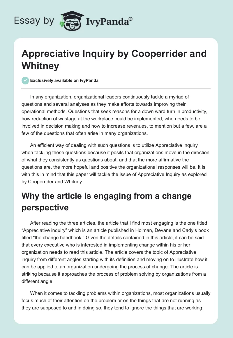 Appreciative Inquiry by Cooperrider and Whitney. Page 1