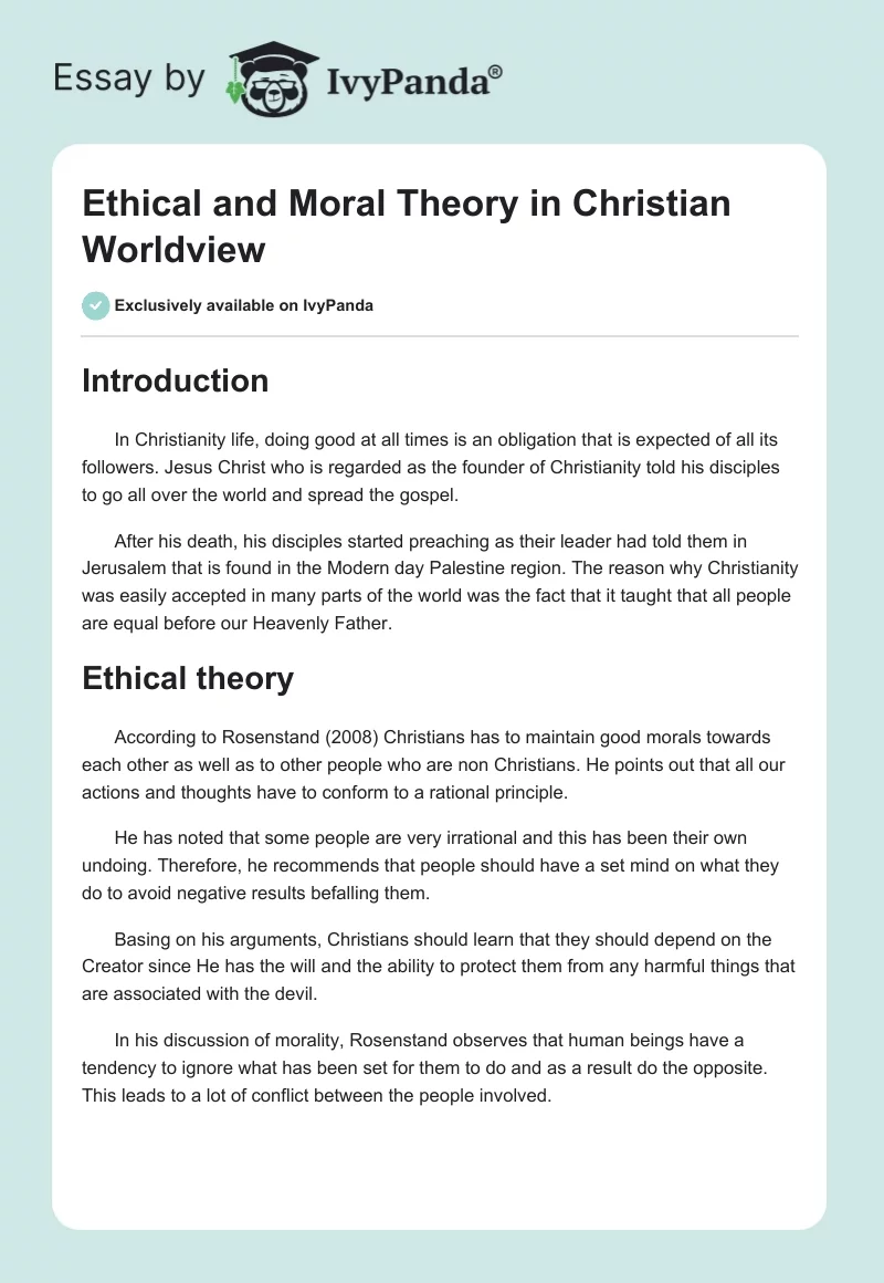 Ethical and Moral Theory in Christian Worldview. Page 1