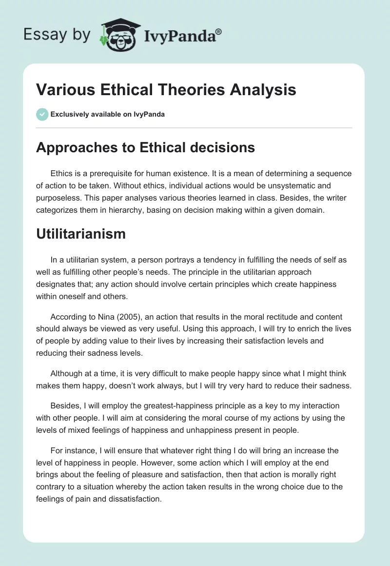 Various Ethical Theories Analysis. Page 1