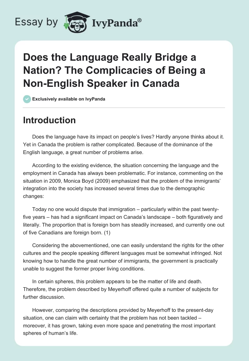 Does the Language Really Bridge a Nation? The Complicacies of Being a Non-English Speaker in Canada. Page 1