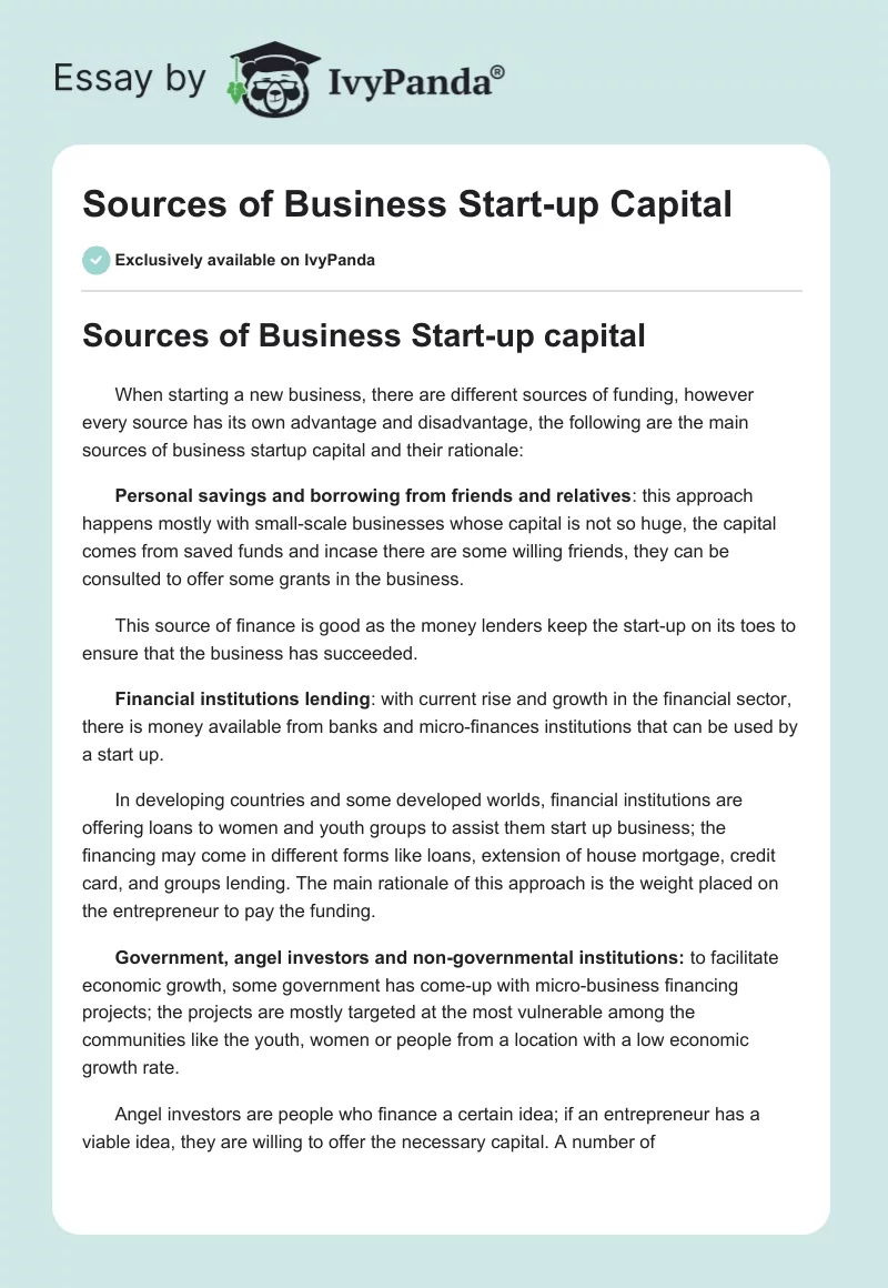 Sources of Business Start-up Capital. Page 1