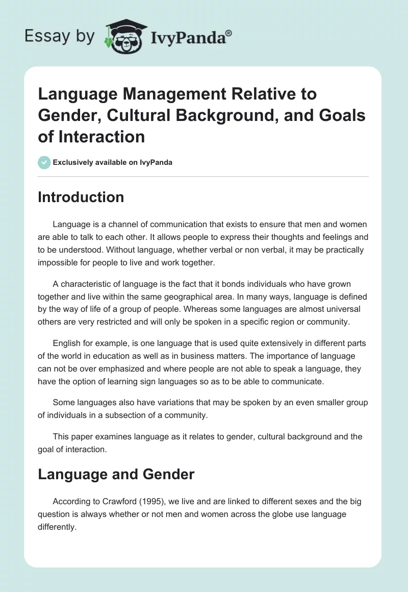 Language Management Relative to Gender, Cultural Background, and Goals of Interaction. Page 1
