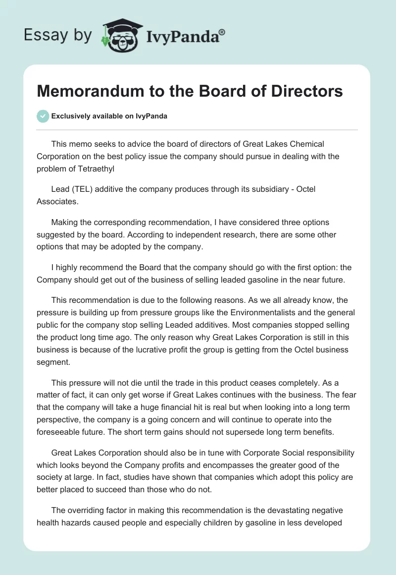 Memorandum to the Board of Directors. Page 1