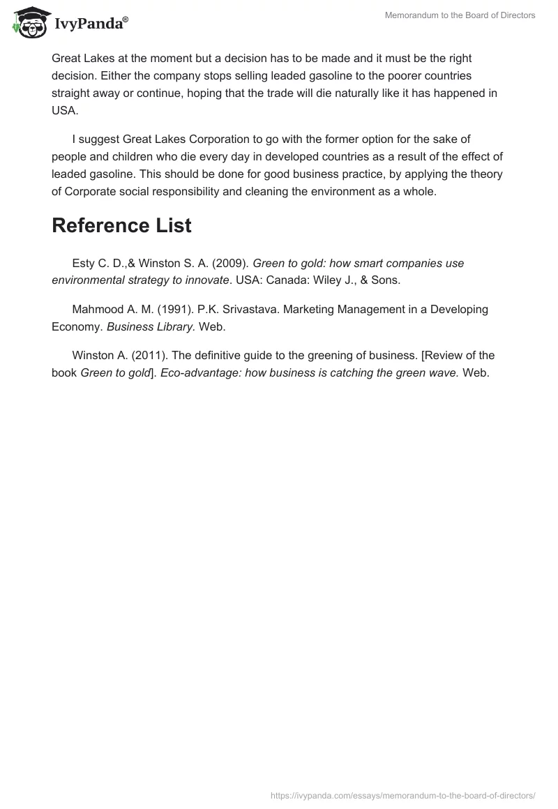 Memorandum to the Board of Directors. Page 3