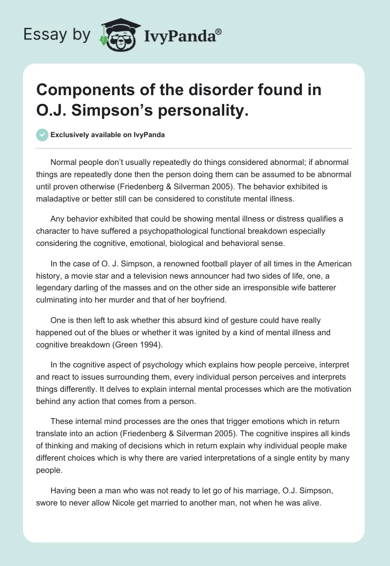 Components of the disorder found in O.J. Simpson’s personality.. Page 1