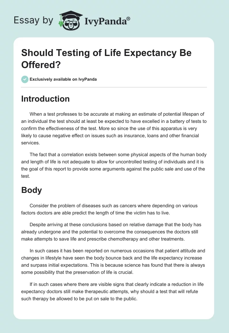 Should Testing of Life Expectancy Be Offered?. Page 1