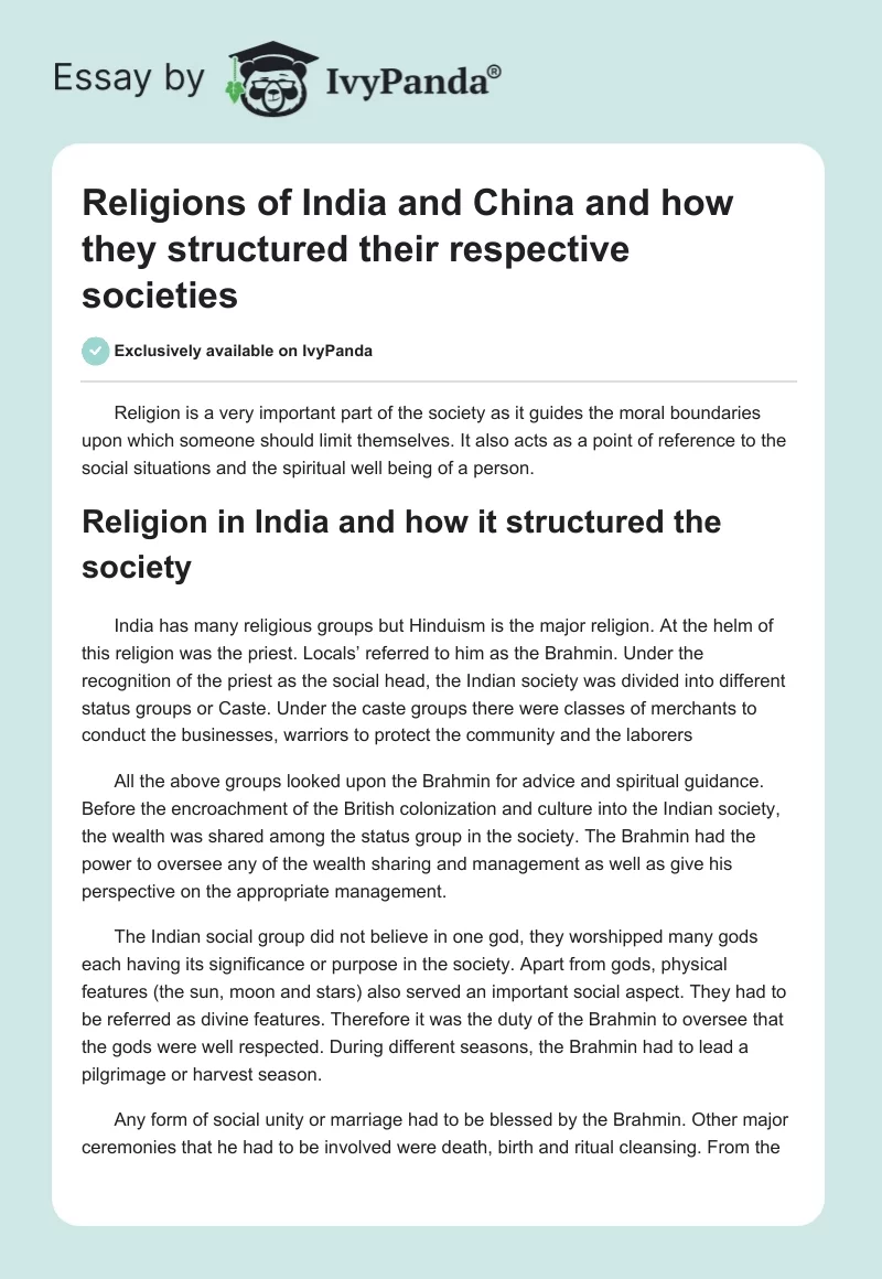 Religions of India and China and how they structured their respective societies. Page 1