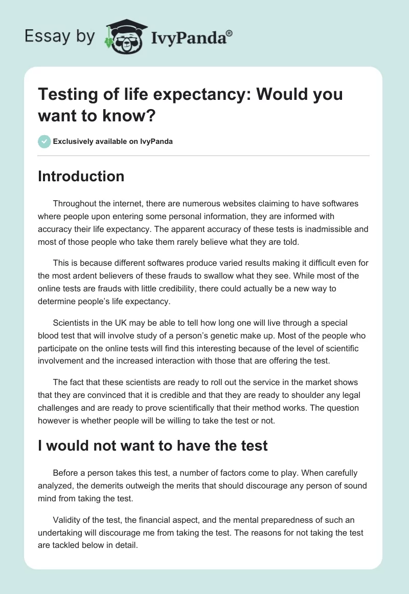 Testing of life expectancy: Would you want to know?. Page 1