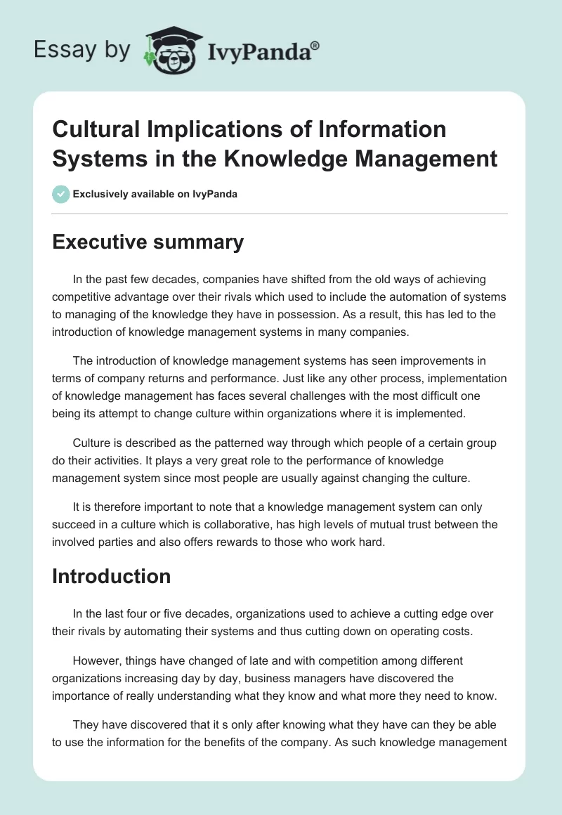 Cultural Implications of Information Systems in the Knowledge Management. Page 1