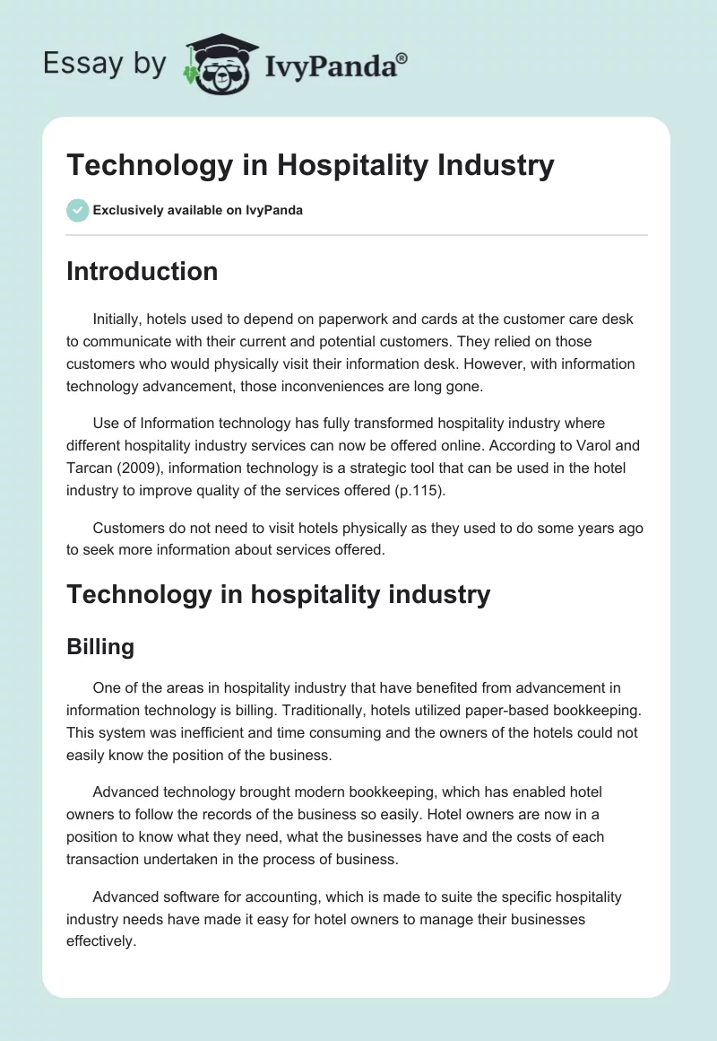 Technology in Hospitality Industry. Page 1