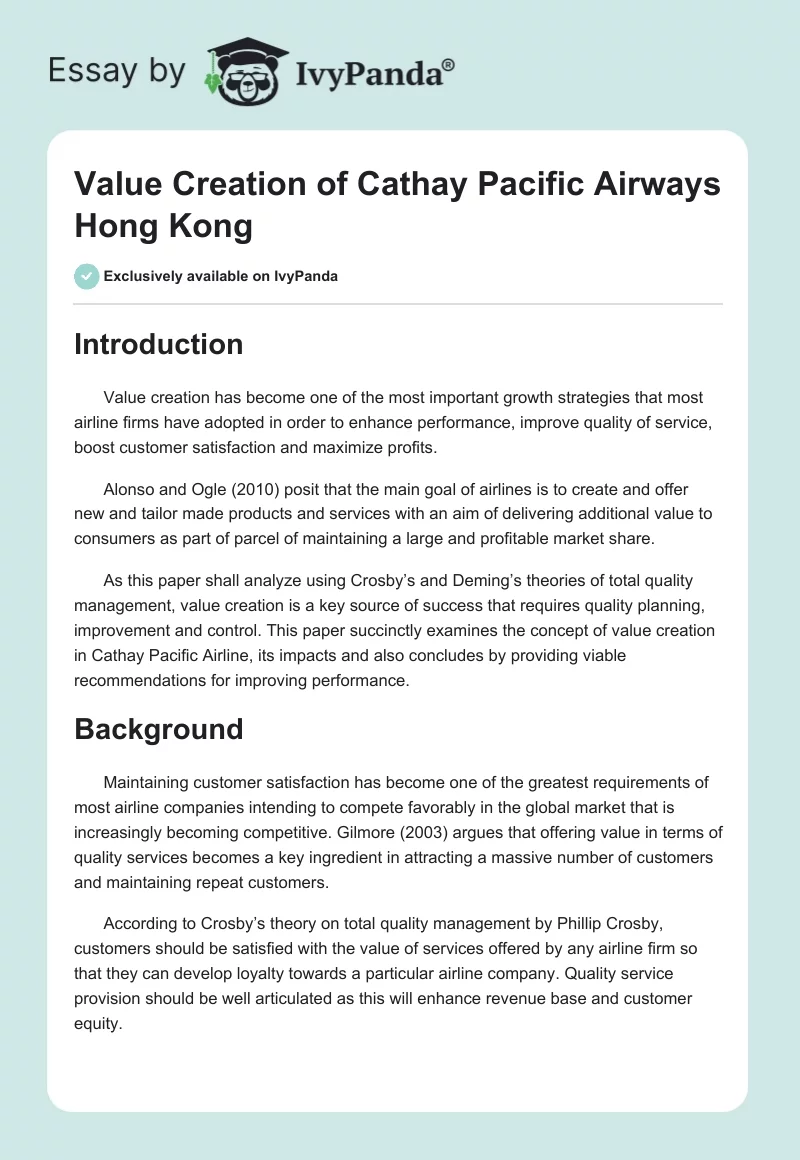 Value Creation of Cathay Pacific Airways Hong Kong. Page 1