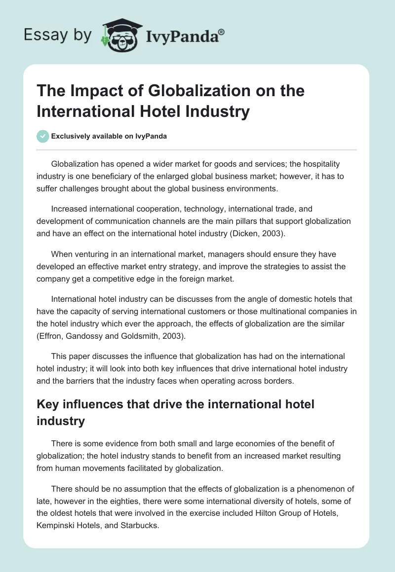 The Impact of Globalization on the International Hotel Industry. Page 1