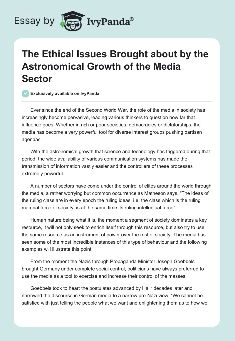 The Ethical Issues Brought about by the Astronomical Growth of the Media Sector. Page 1