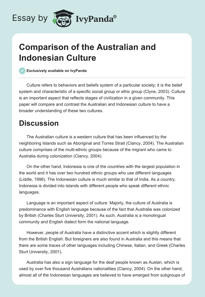 Comparison of the Australian and Indonesian Culture. Page 1