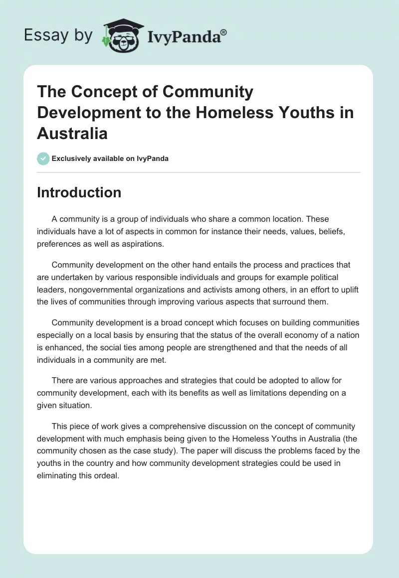 The Concept of Community Development to the Homeless Youths in Australia. Page 1