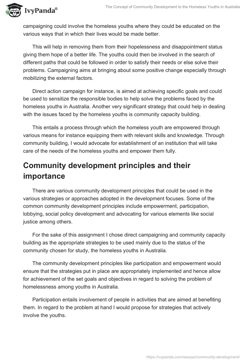 The Concept of Community Development to the Homeless Youths in Australia. Page 5