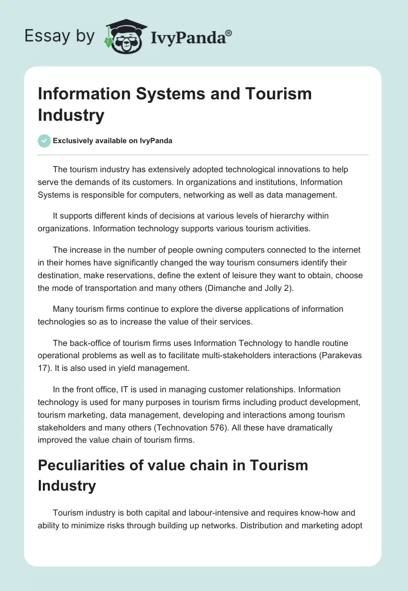 Information Systems in Tourism Industry: Essay Example. Page 1