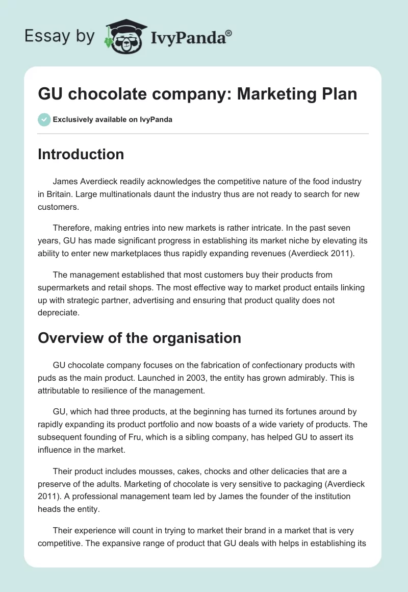 GU chocolate company: Marketing Plan. Page 1