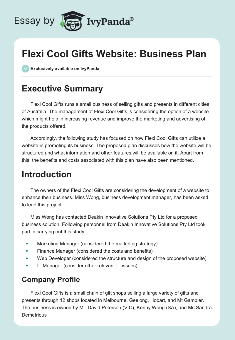 Flexi Cool Gifts Website: Business Plan. Page 1