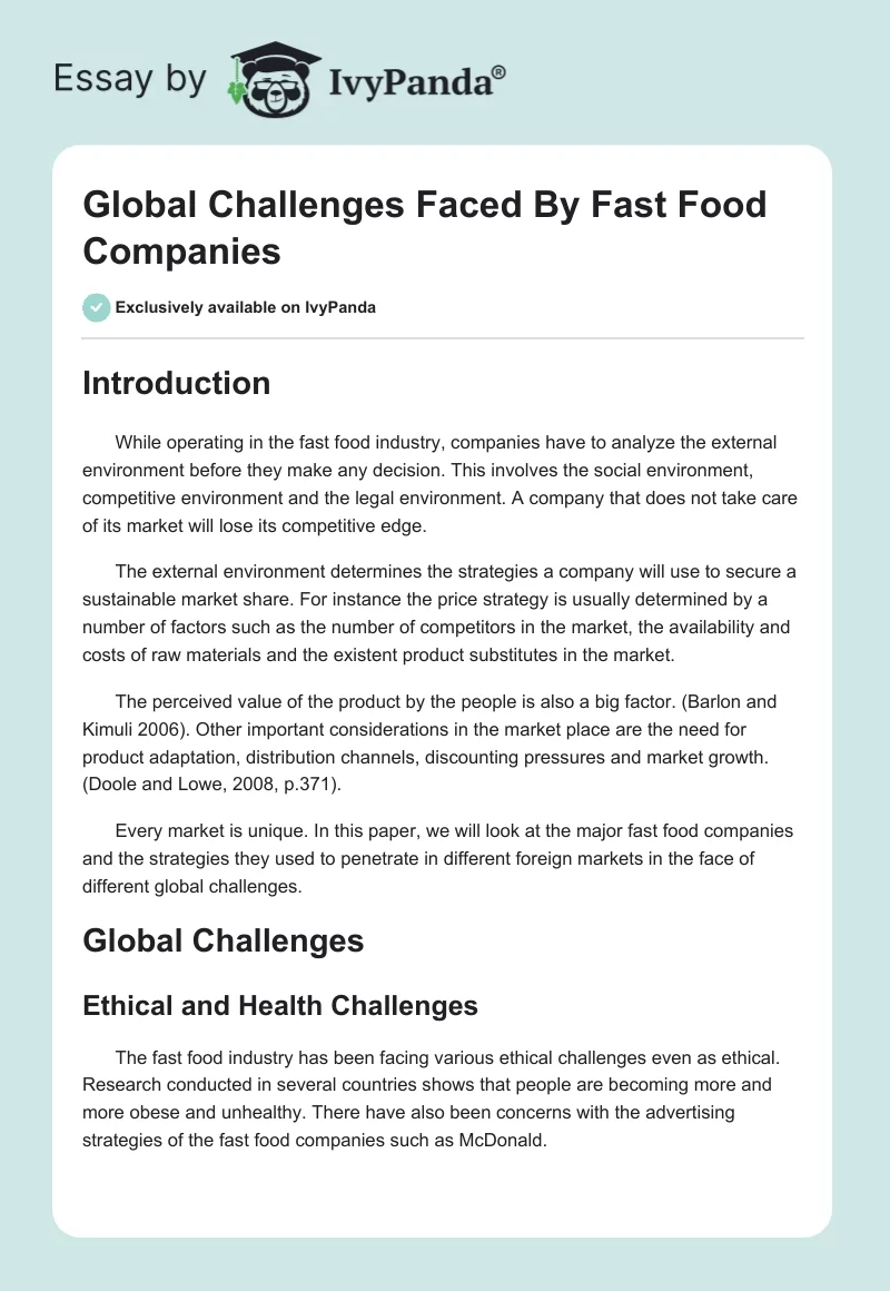 Global Challenges Faced By Fast Food Companies. Page 1