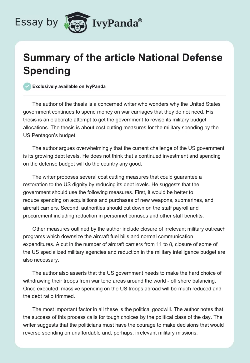 Summary of the article "National Defense Spending". Page 1
