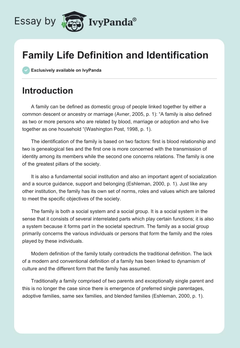 Family Life Definition and Identification. Page 1