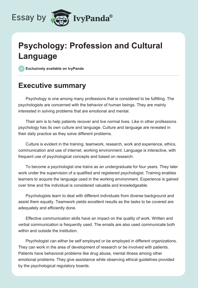 Psychology: Profession and Cultural Language. Page 1