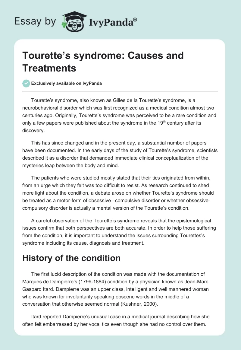 Tourette’s syndrome: Causes and Treatments. Page 1